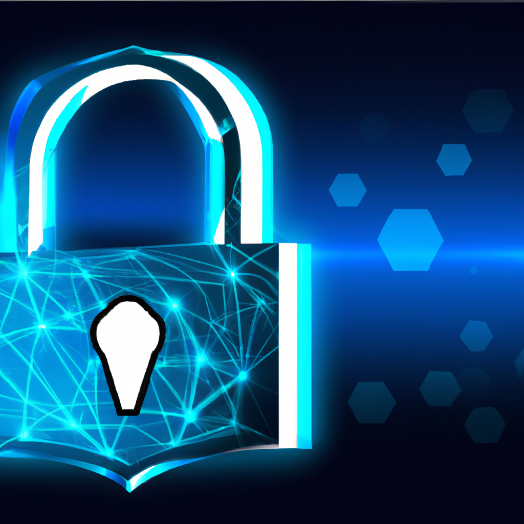 Абстрактный низкополигональный замок с голубым градиентом, символизирующий кибербезопасность и конфиденциальность, высокая детализация